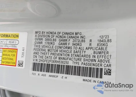 2024 Honda Civic Sport из США, поврежденный, VIN 2HGFE2F5XRH536250